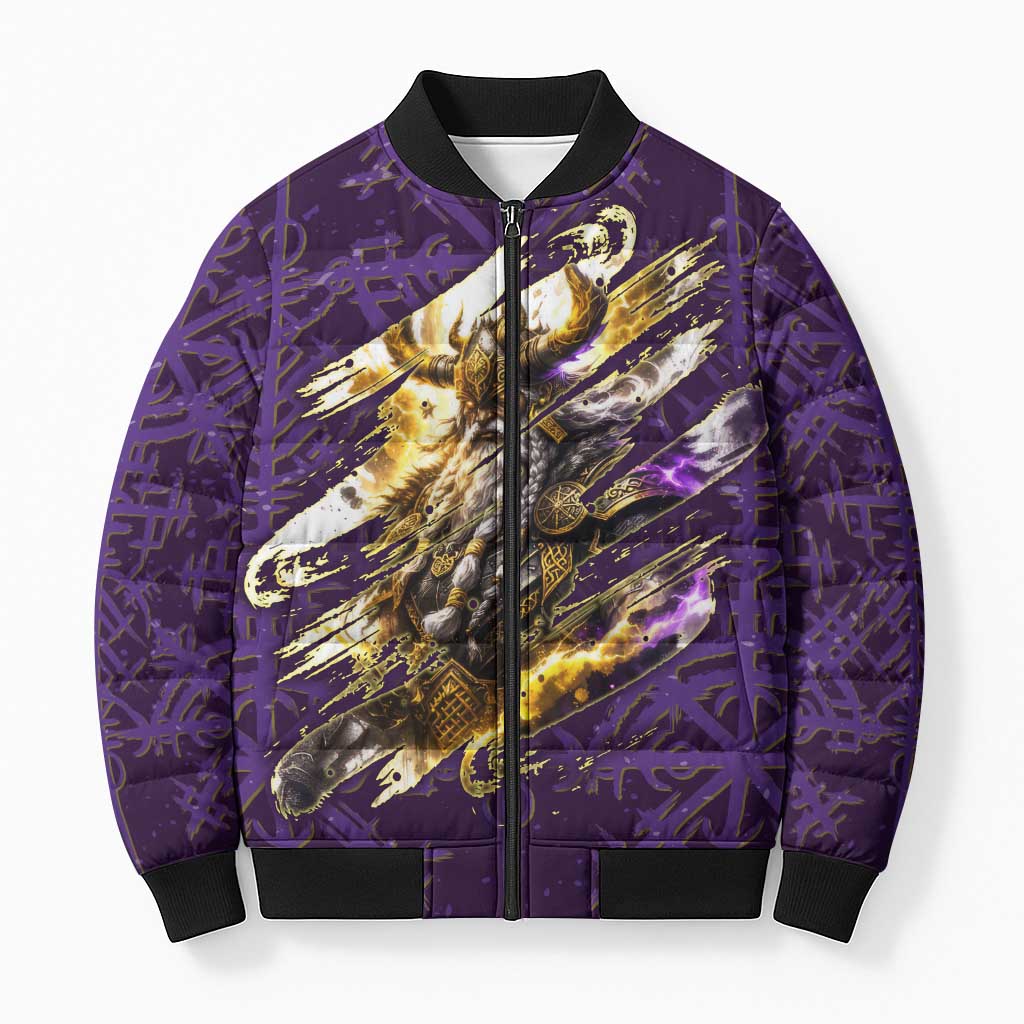 Odin Allfather Viking Bomber Puffer Jacket Epic Norse Mythology Illustration with Runic Circle Art