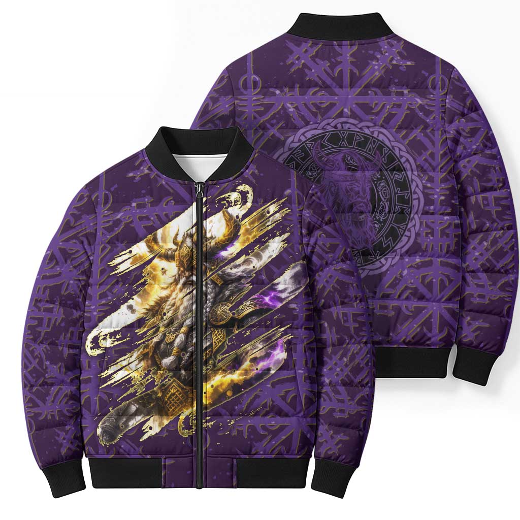 Odin Allfather Viking Bomber Puffer Jacket Epic Norse Mythology Illustration with Runic Circle Art