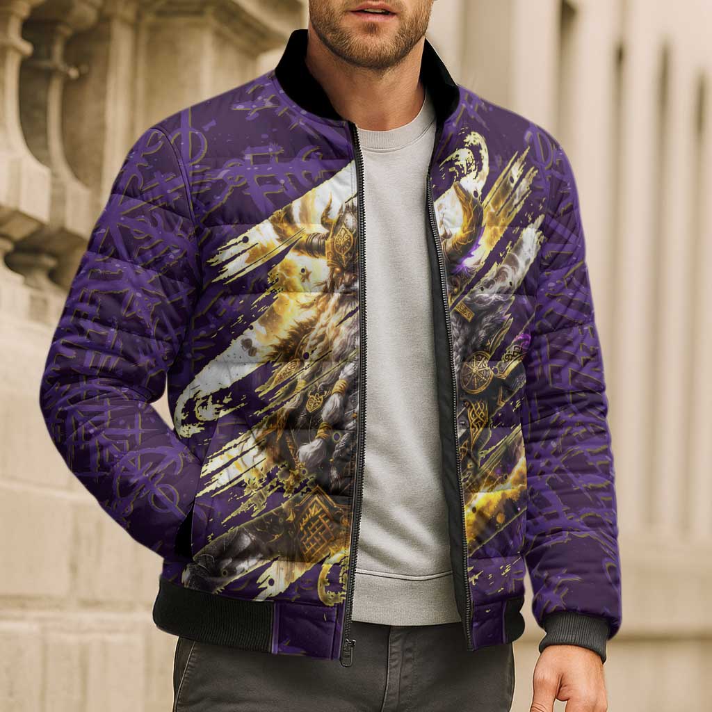 Odin Allfather Viking Bomber Puffer Jacket Epic Norse Mythology Illustration with Runic Circle Art