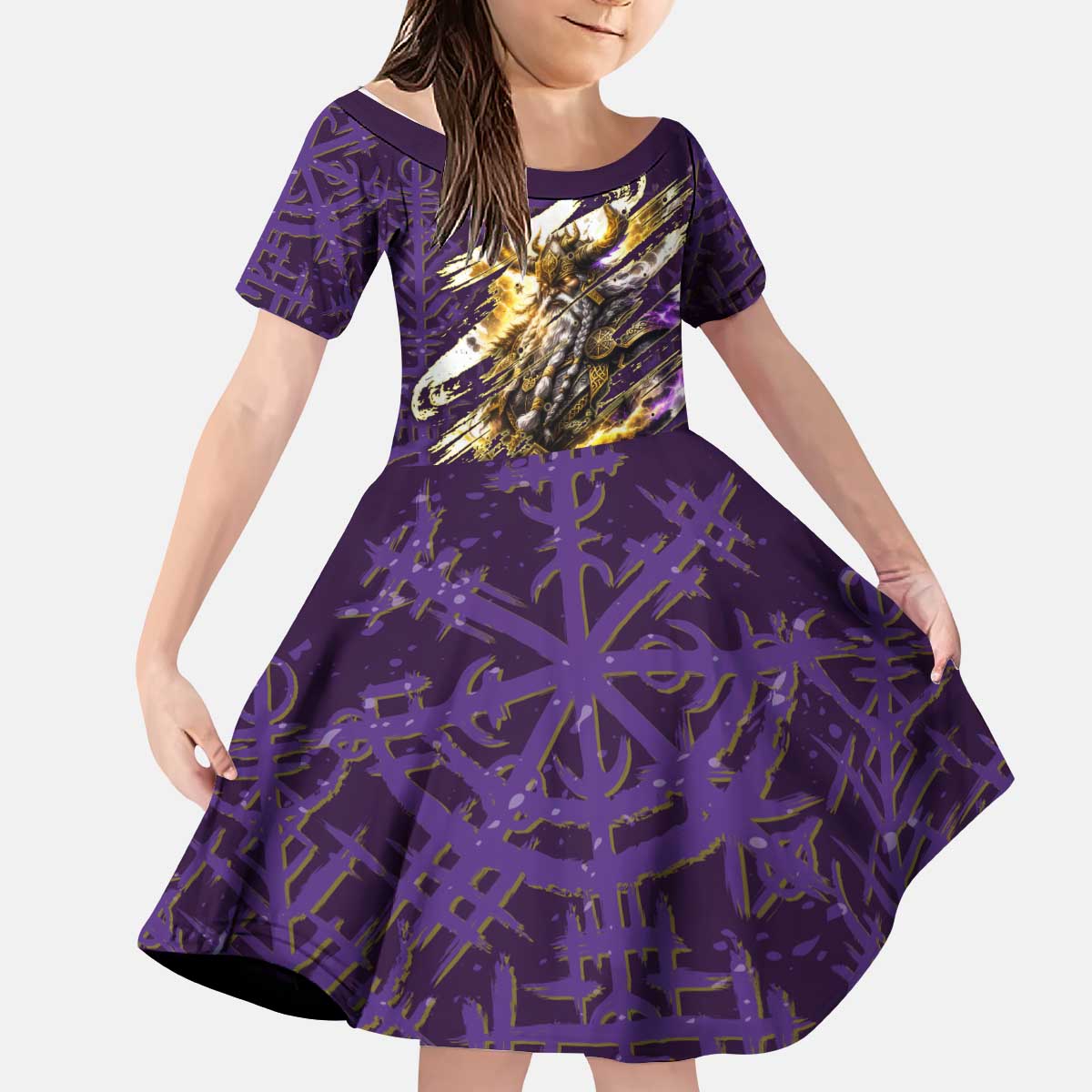 Odin Allfather Viking Kid Short Sleeve Dress Epic Norse Mythology Illustration with Runic Circle Art