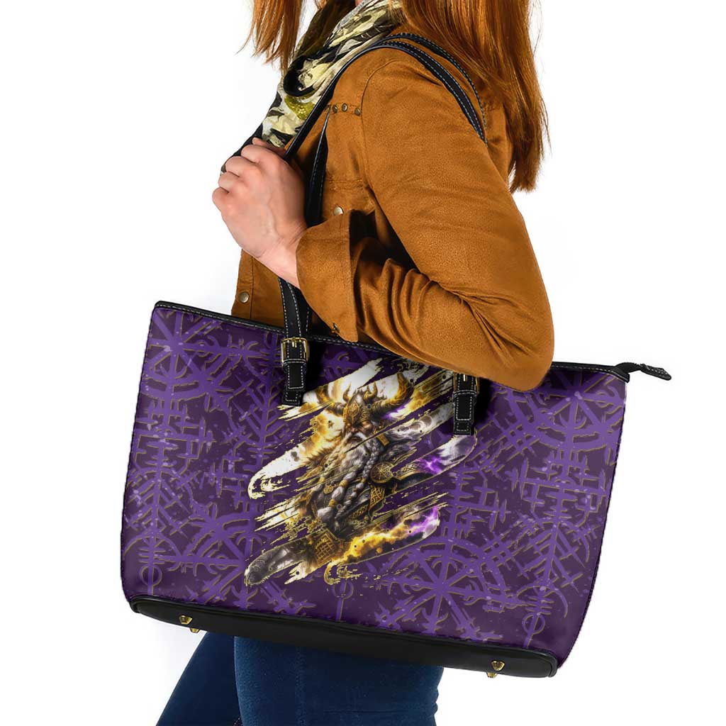 Odin Allfather Viking Leather Tote Bag Epic Norse Mythology Illustration with Runic Circle Art