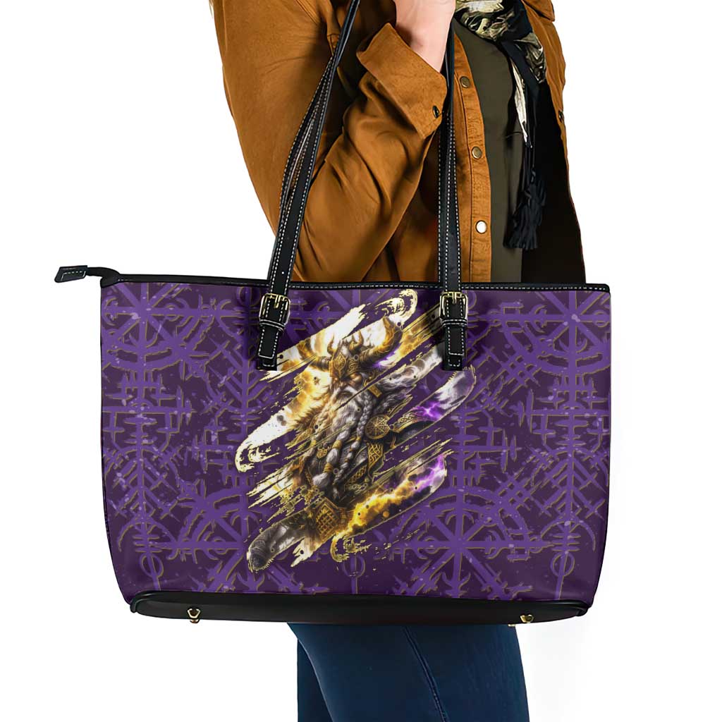 Odin Allfather Viking Leather Tote Bag Epic Norse Mythology Illustration with Runic Circle Art