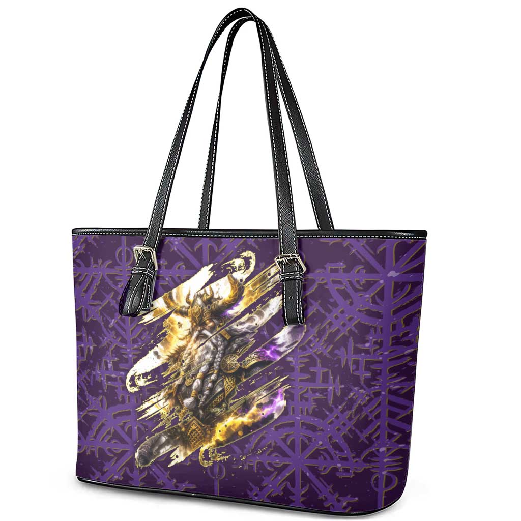 Odin Allfather Viking Leather Tote Bag Epic Norse Mythology Illustration with Runic Circle Art