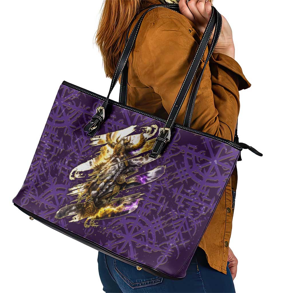 Odin Allfather Viking Leather Tote Bag Epic Norse Mythology Illustration with Runic Circle Art