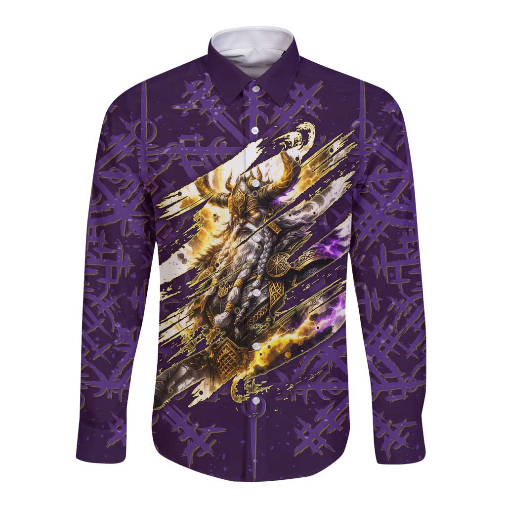 Odin Allfather Viking Long Sleeve Button Shirt Epic Norse Mythology Illustration with Runic Circle Art