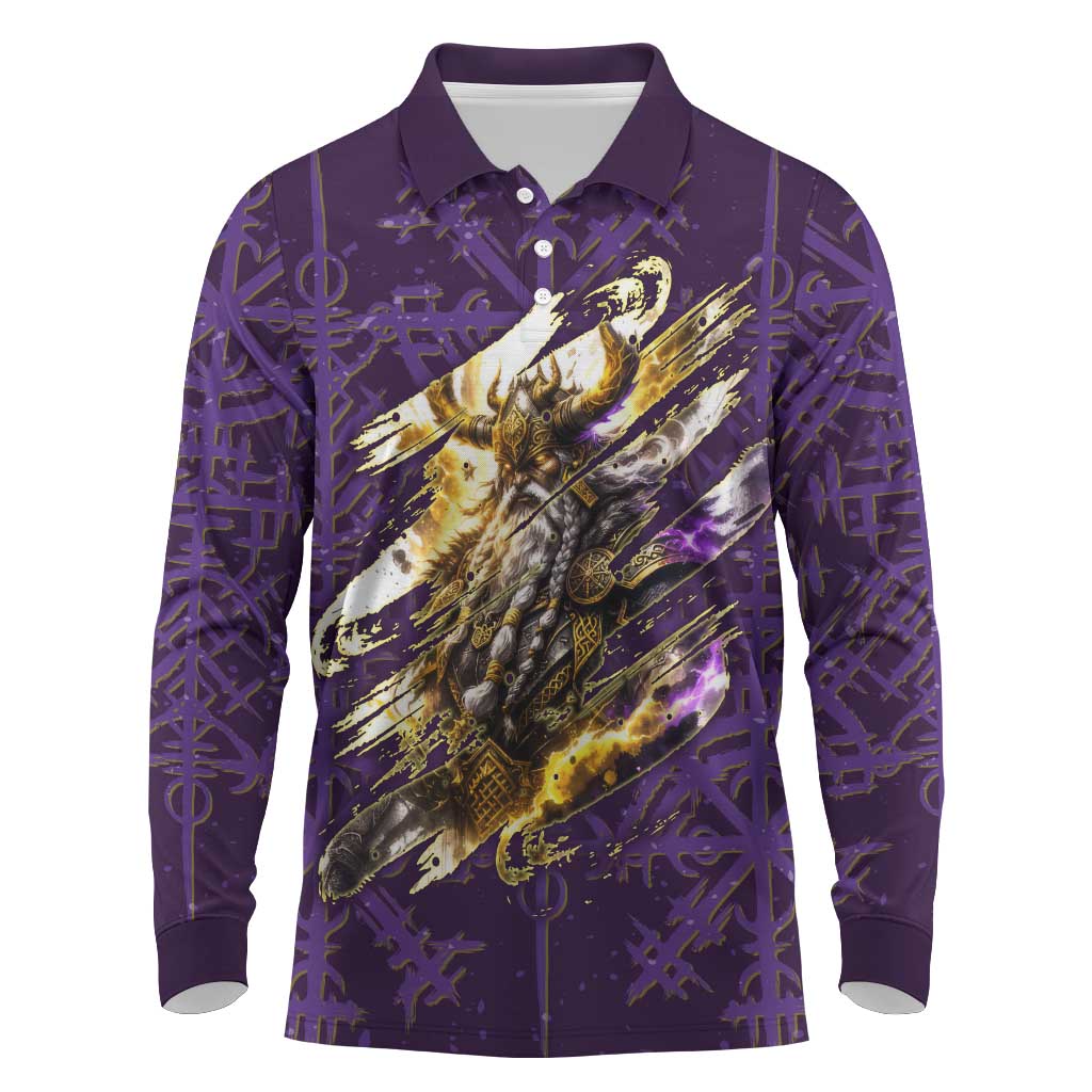 Odin Allfather Viking Long Sleeve Polo Shirt Epic Norse Mythology Illustration with Runic Circle Art