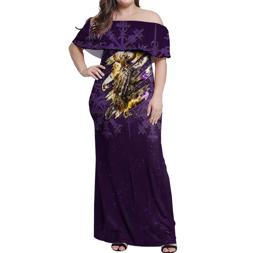 Odin Allfather Viking Off Shoulder Maxi Dress Epic Norse Mythology Illustration with Runic Circle Art