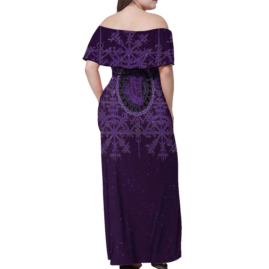 Odin Allfather Viking Off Shoulder Maxi Dress Epic Norse Mythology Illustration with Runic Circle Art