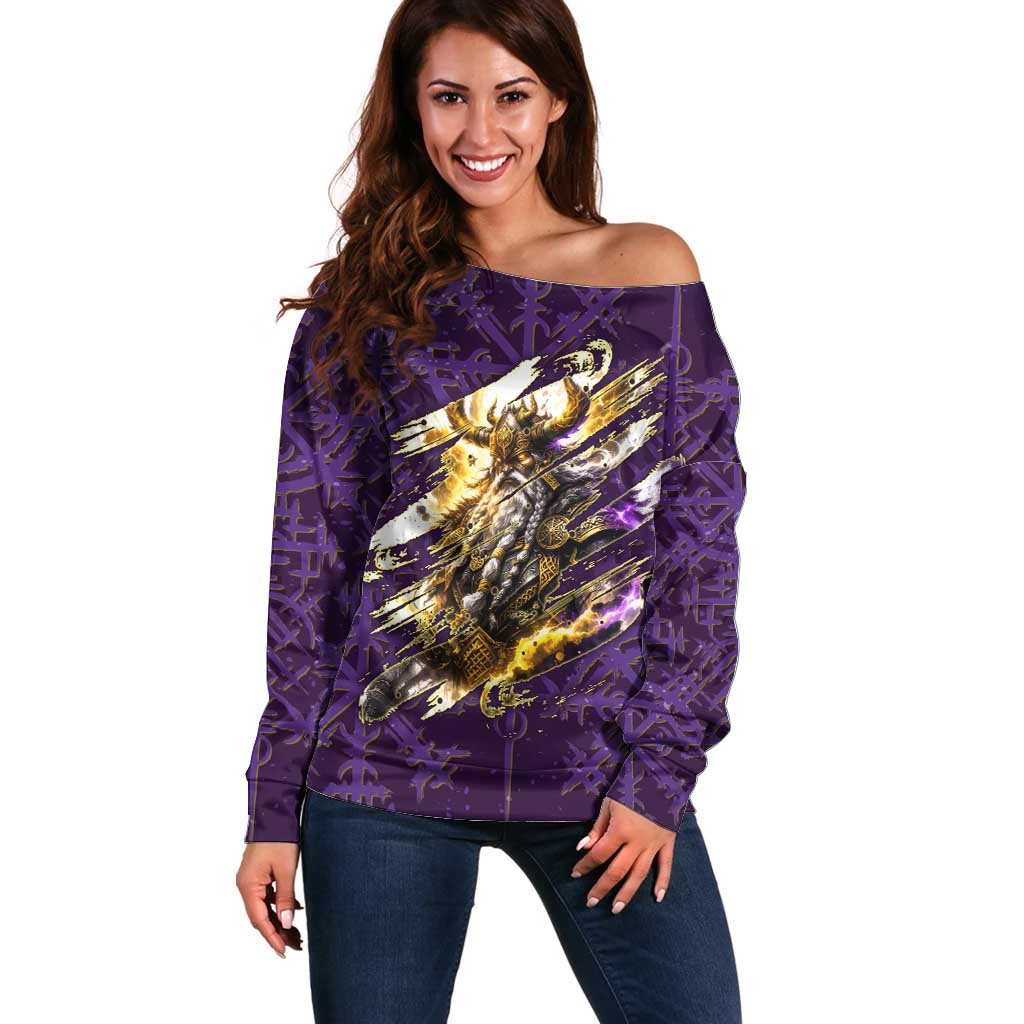 Odin Allfather Viking Off Shoulder Sweater Epic Norse Mythology Illustration with Runic Circle Art