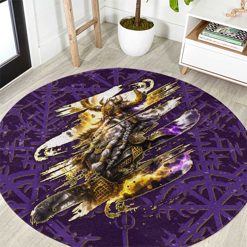 Odin Allfather Viking Round Carpet Epic Norse Mythology Illustration with Runic Circle Art