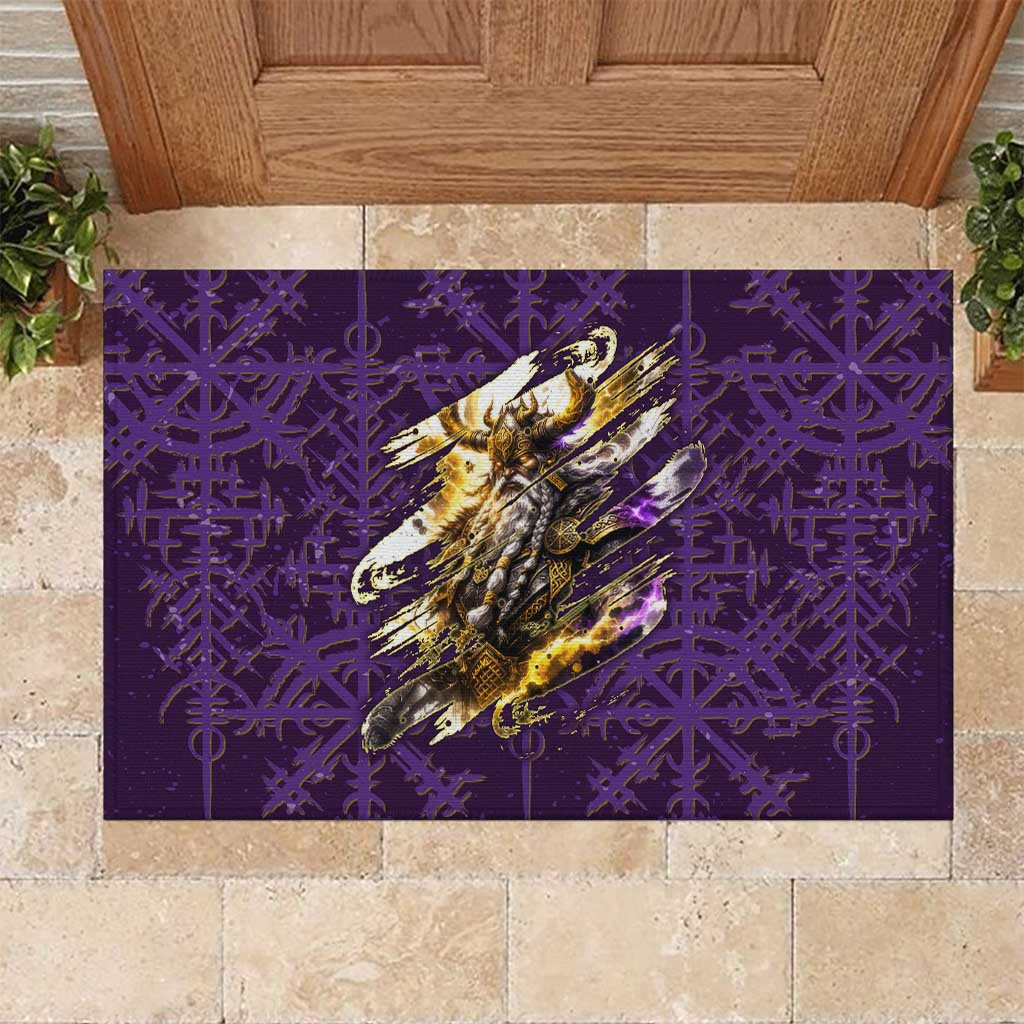 Odin Allfather Viking Rubber Doormat Epic Norse Mythology Illustration with Runic Circle Art