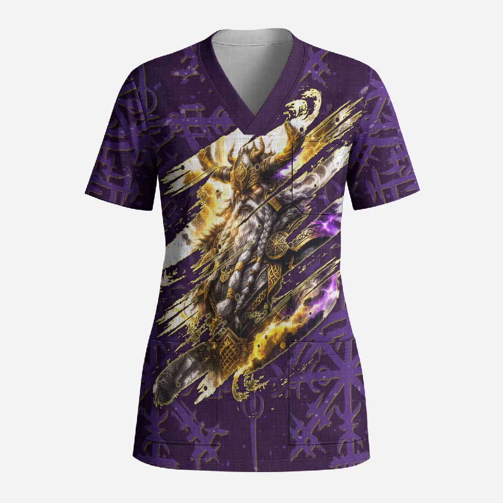 Odin Allfather Viking Scrub Top Epic Norse Mythology Illustration with Runic Circle Art