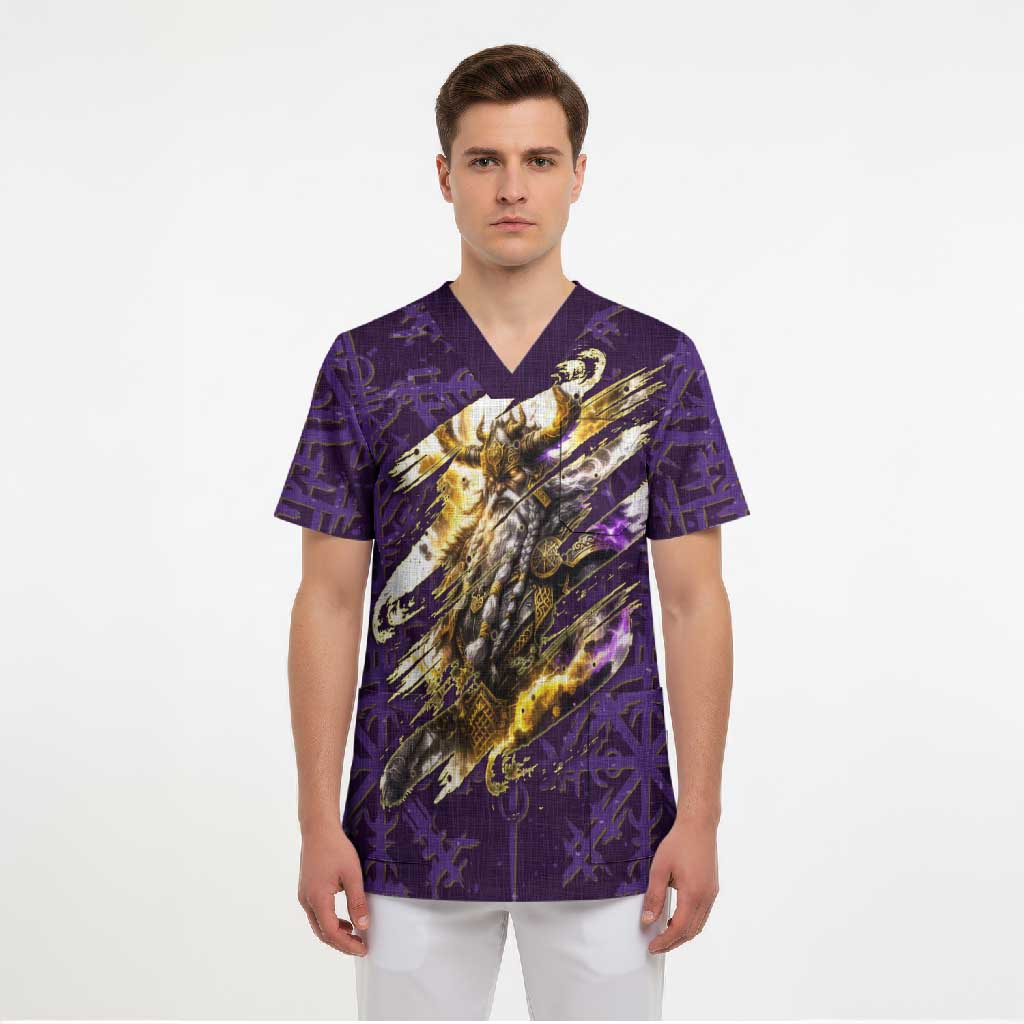 Odin Allfather Viking Scrub Top Epic Norse Mythology Illustration with Runic Circle Art