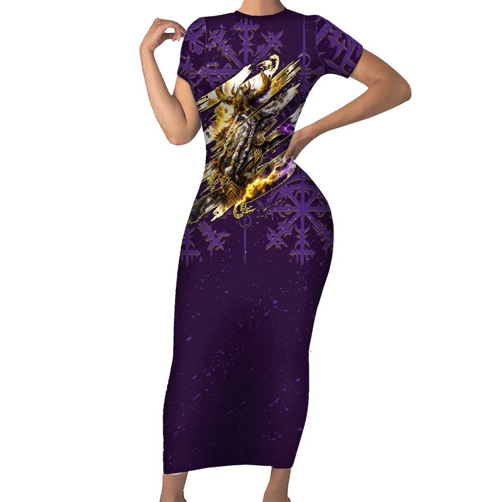 Odin Allfather Viking Short Sleeve Bodycon Dress Epic Norse Mythology Illustration with Runic Circle Art