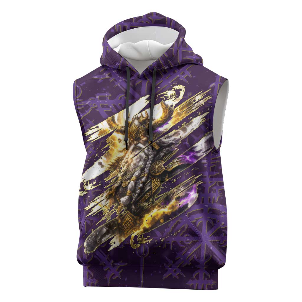 Odin Allfather Viking Sleeveless Hoodie Epic Norse Mythology Illustration with Runic Circle Art