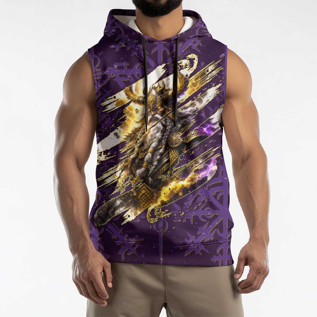 Odin Allfather Viking Sleeveless Hoodie Epic Norse Mythology Illustration with Runic Circle Art