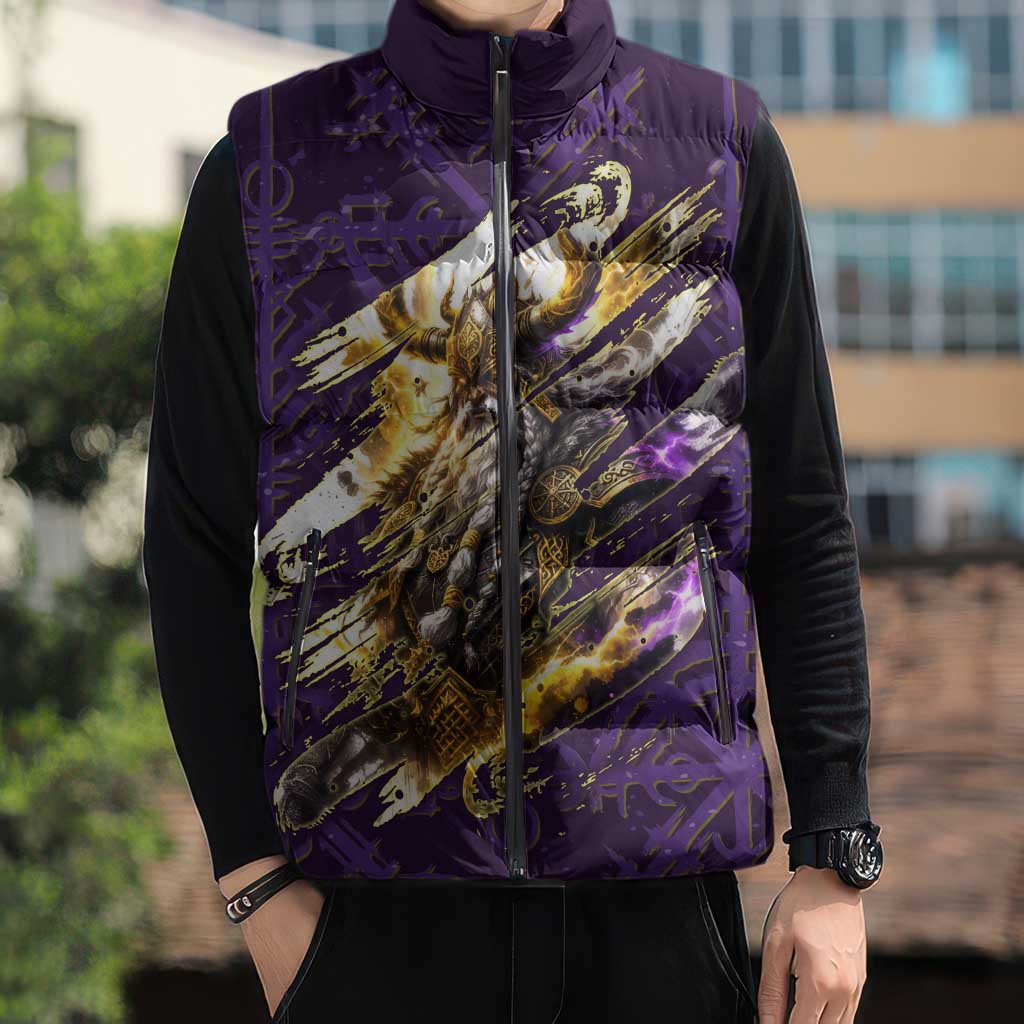 Odin Allfather Viking Sleeveless Puffer Jacket Epic Norse Mythology Illustration with Runic Circle Art