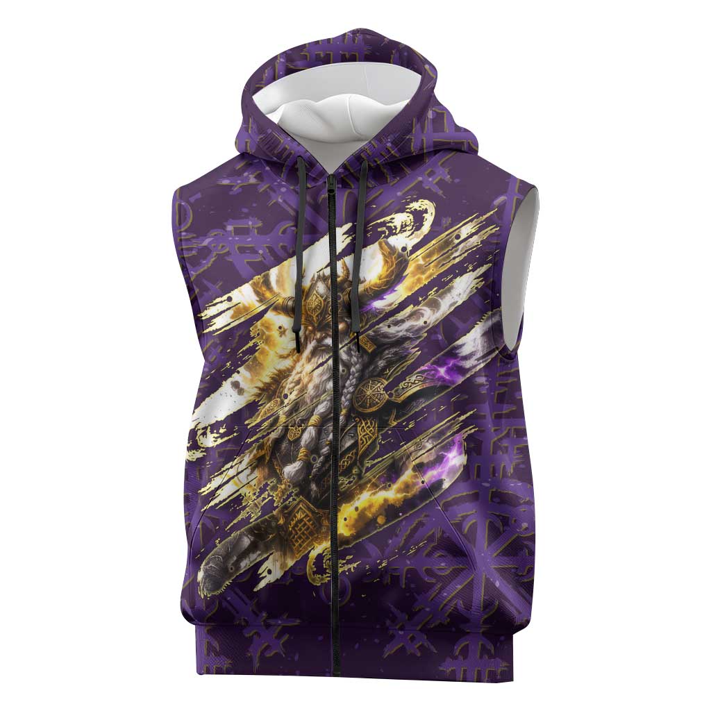 Odin Allfather Viking Sleeveless Zip Hoodie Epic Norse Mythology Illustration with Runic Circle Art