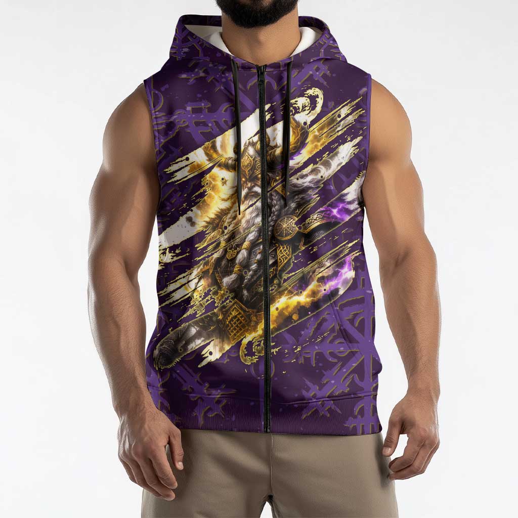 Odin Allfather Viking Sleeveless Zip Hoodie Epic Norse Mythology Illustration with Runic Circle Art