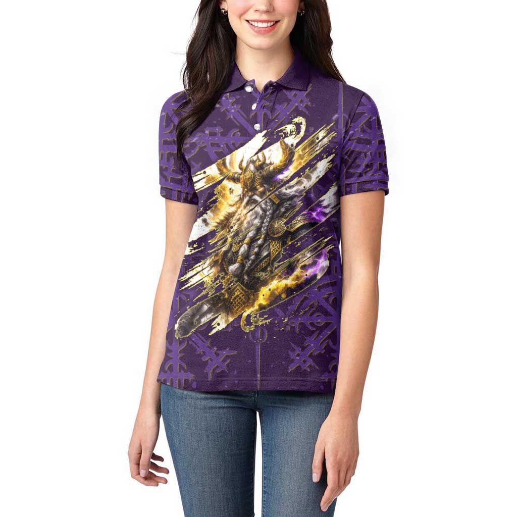 Odin Allfather Viking Women Polo Shirt Epic Norse Mythology Illustration with Runic Circle Art