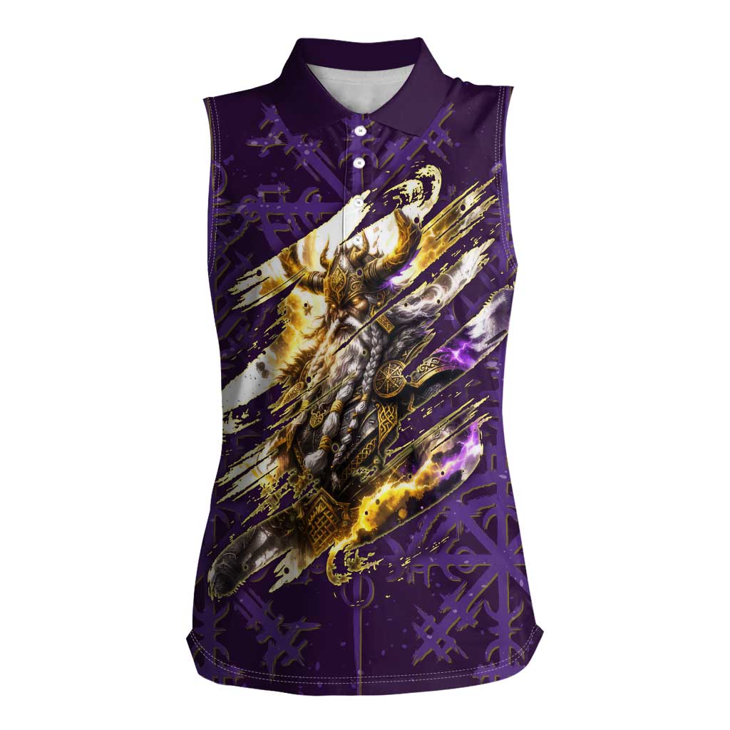 Odin Allfather Viking Women Sleeveless Polo Shirt Epic Norse Mythology Illustration with Runic Circle Art