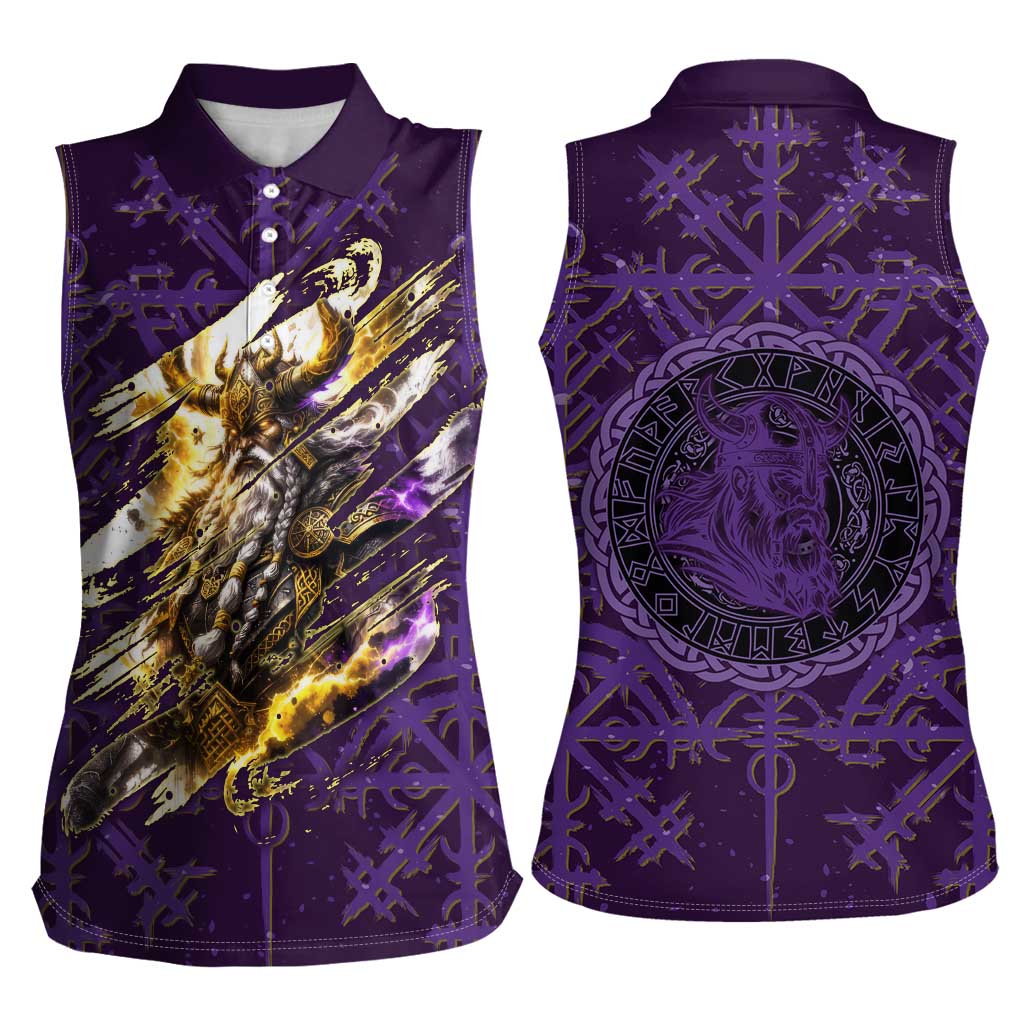 Odin Allfather Viking Women Sleeveless Polo Shirt Epic Norse Mythology Illustration with Runic Circle Art