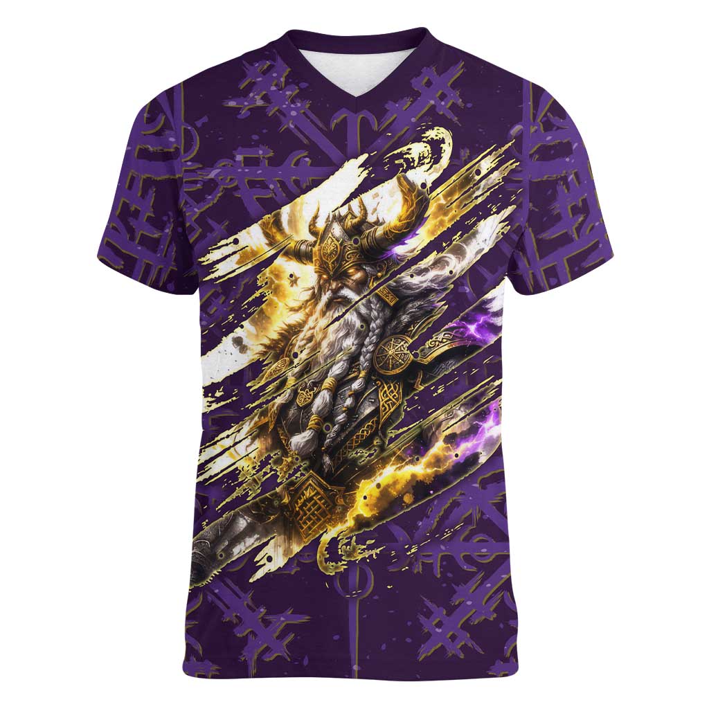 Odin Allfather Viking Women V-Neck T-Shirt Epic Norse Mythology Illustration with Runic Circle Art