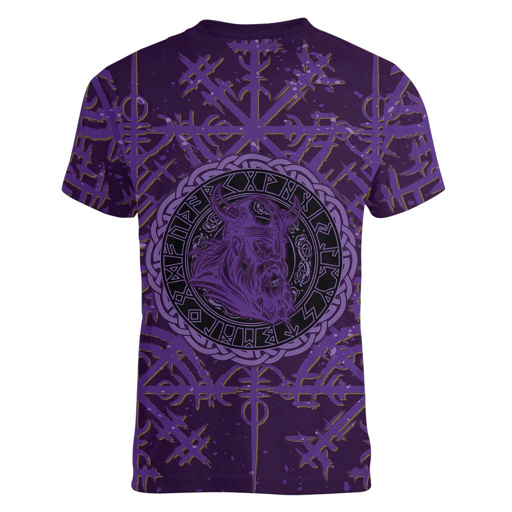 Odin Allfather Viking Women V-Neck T-Shirt Epic Norse Mythology Illustration with Runic Circle Art