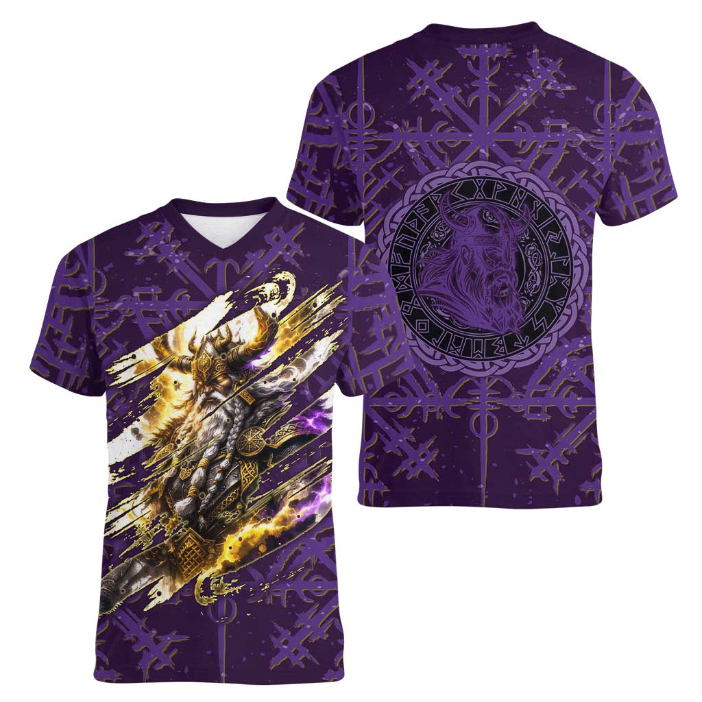 Odin Allfather Viking Women V-Neck T-Shirt Epic Norse Mythology Illustration with Runic Circle Art