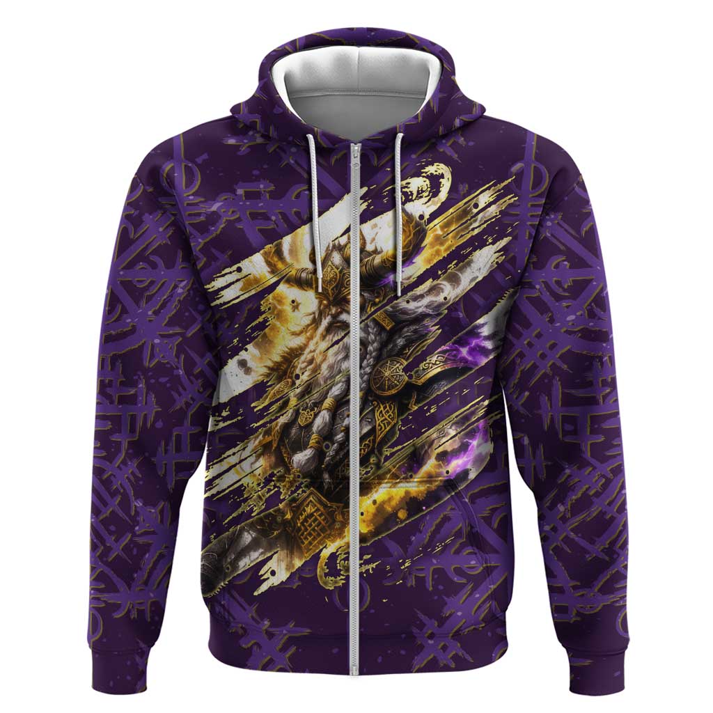 Odin Allfather Viking Zip Hoodie Epic Norse Mythology Illustration with Runic Circle Art