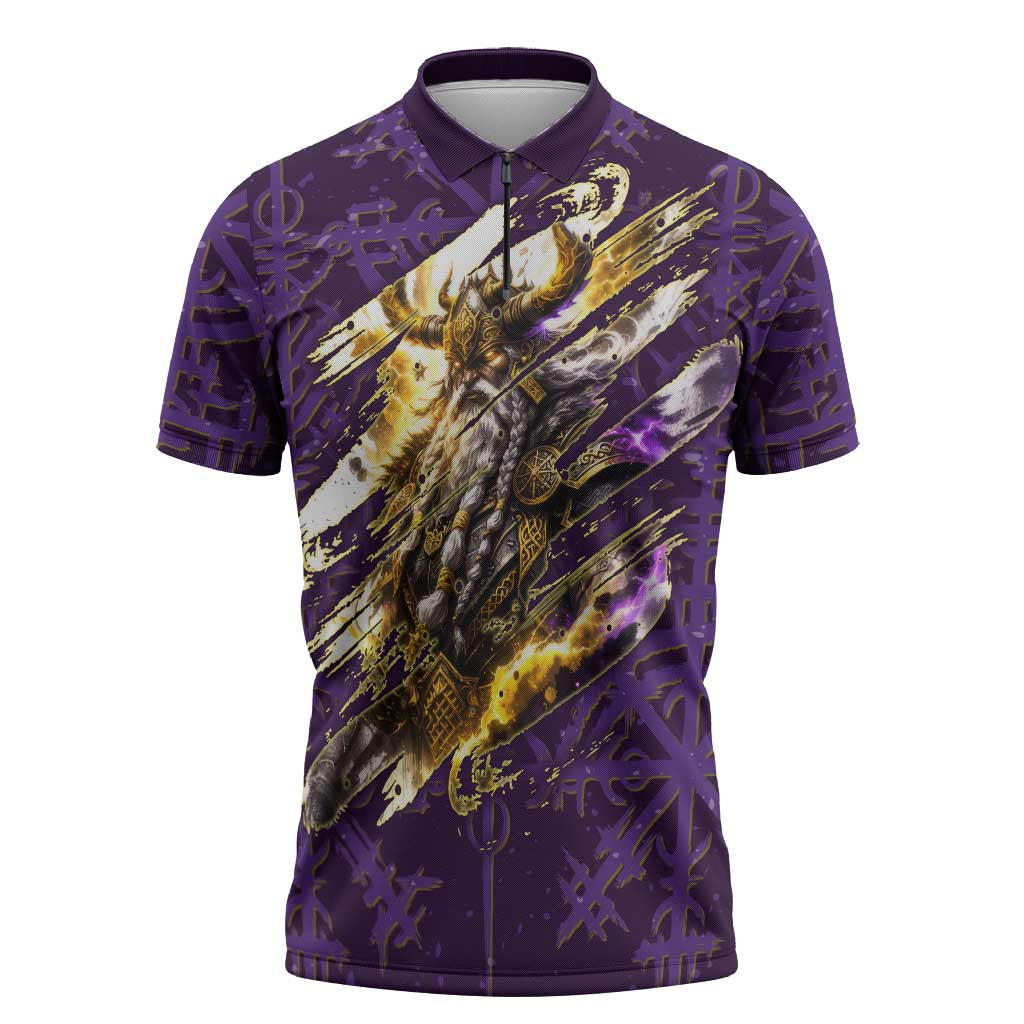 Odin Allfather Viking Zipper Polo Shirt Epic Norse Mythology Illustration with Runic Circle Art