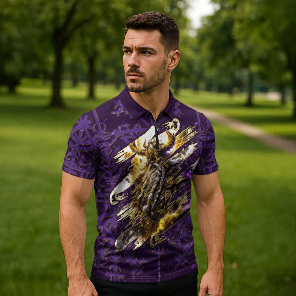 Odin Allfather Viking Zipper Polo Shirt Epic Norse Mythology Illustration with Runic Circle Art