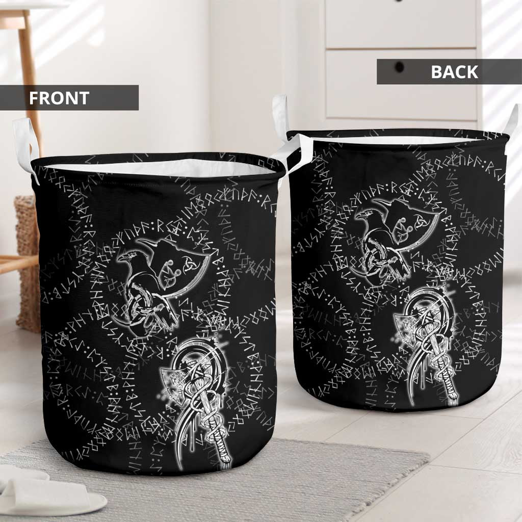 Norse Dragon and Viking Axe Laundry Basket Monochrome Runic Line Art Illustration