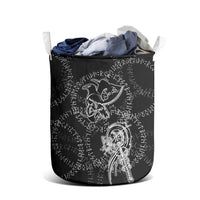 Norse Dragon and Viking Axe Laundry Basket Monochrome Runic Line Art Illustration