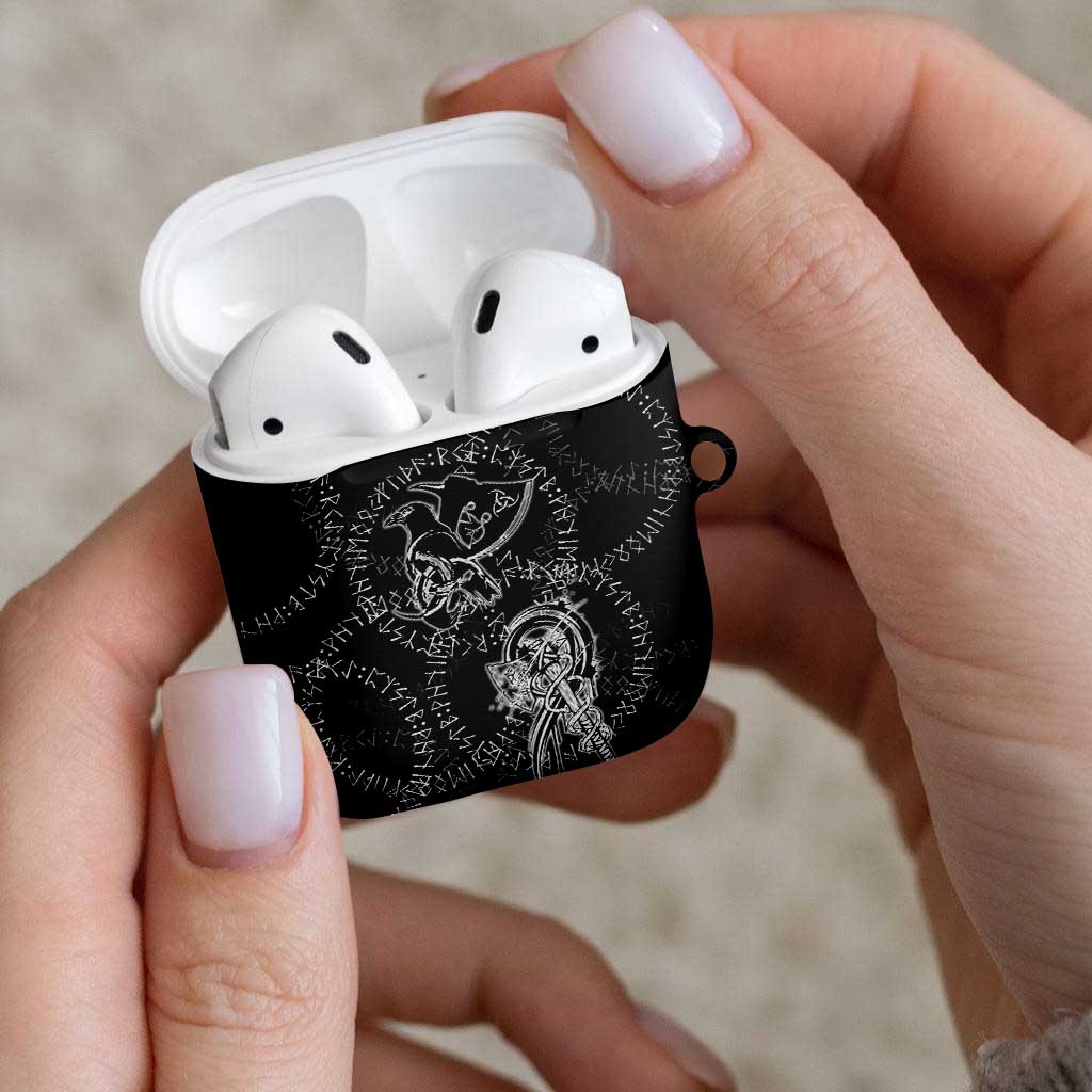Norse Dragon and Viking Axe AirPods Case Monochrome Runic Line Art Illustration