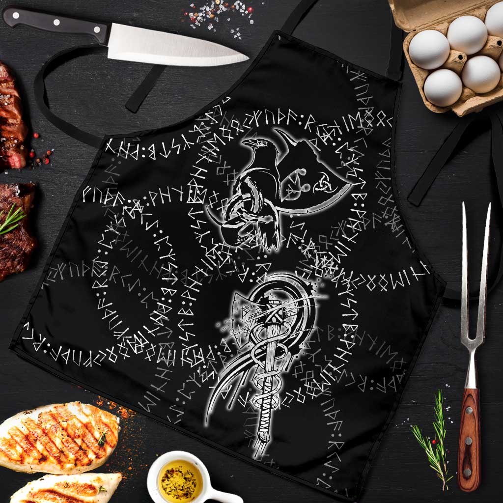 Norse Dragon and Viking Axe Apron Monochrome Runic Line Art Illustration