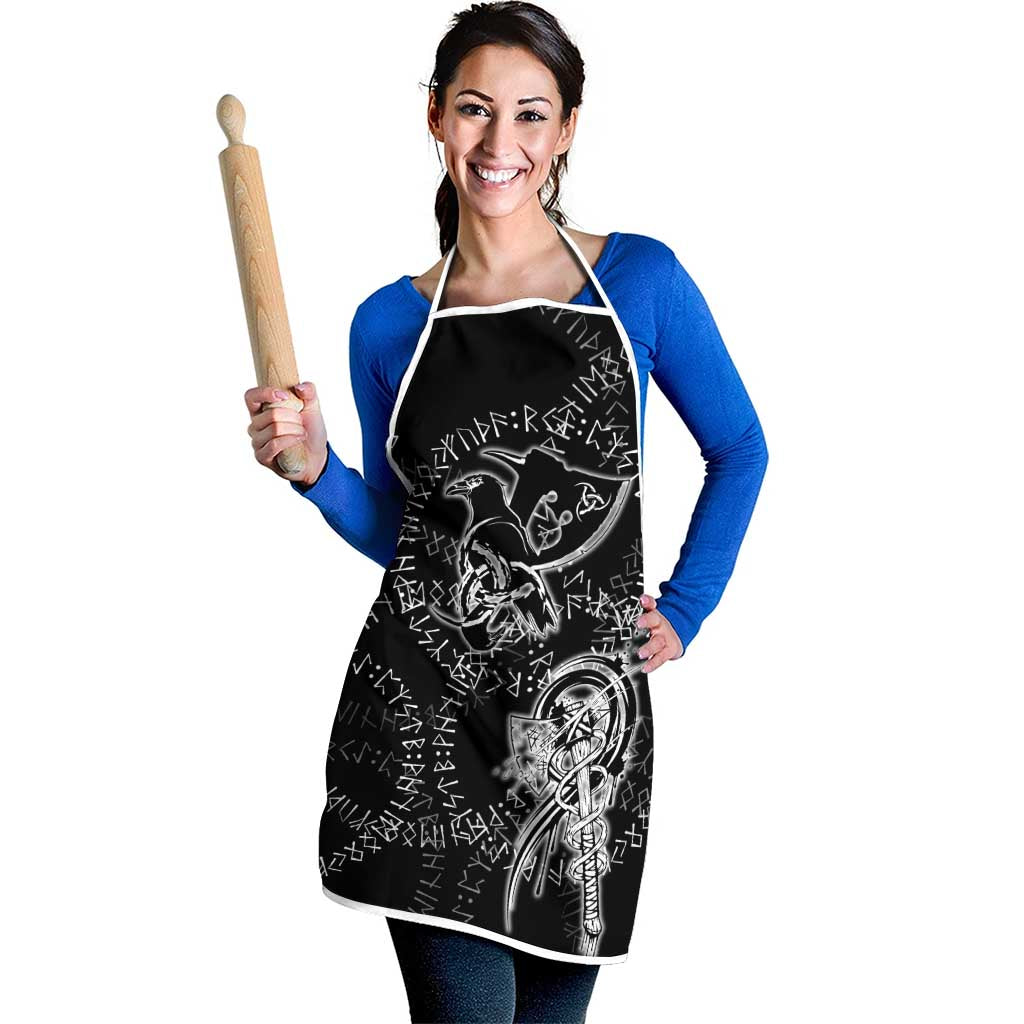 Norse Dragon and Viking Axe Apron Monochrome Runic Line Art Illustration