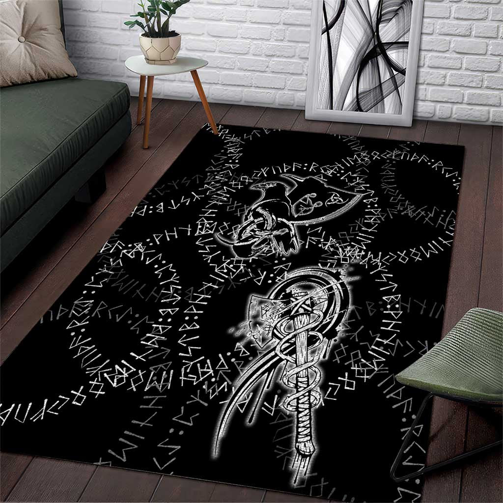 Norse Dragon and Viking Axe Area Rug Monochrome Runic Line Art Illustration