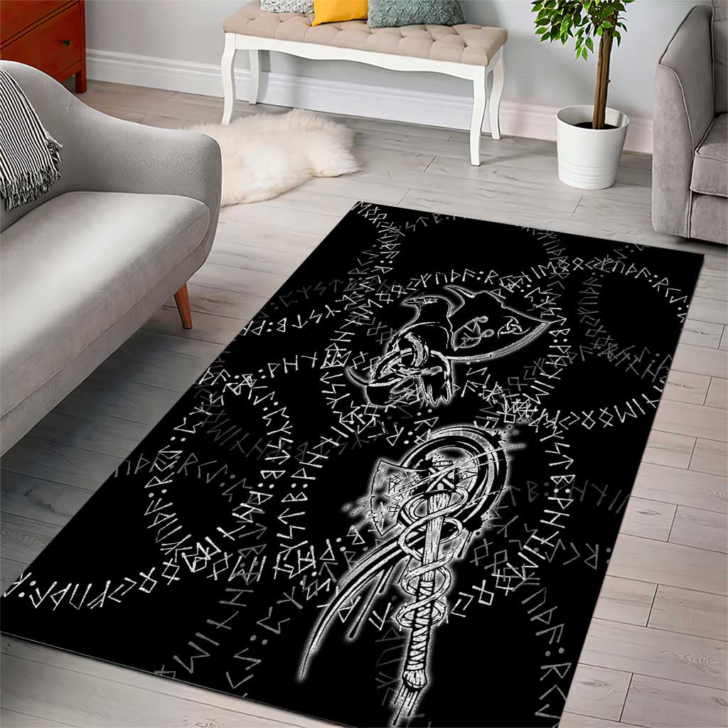 Norse Dragon and Viking Axe Area Rug Monochrome Runic Line Art Illustration