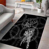 Norse Dragon and Viking Axe Area Rug Monochrome Runic Line Art Illustration