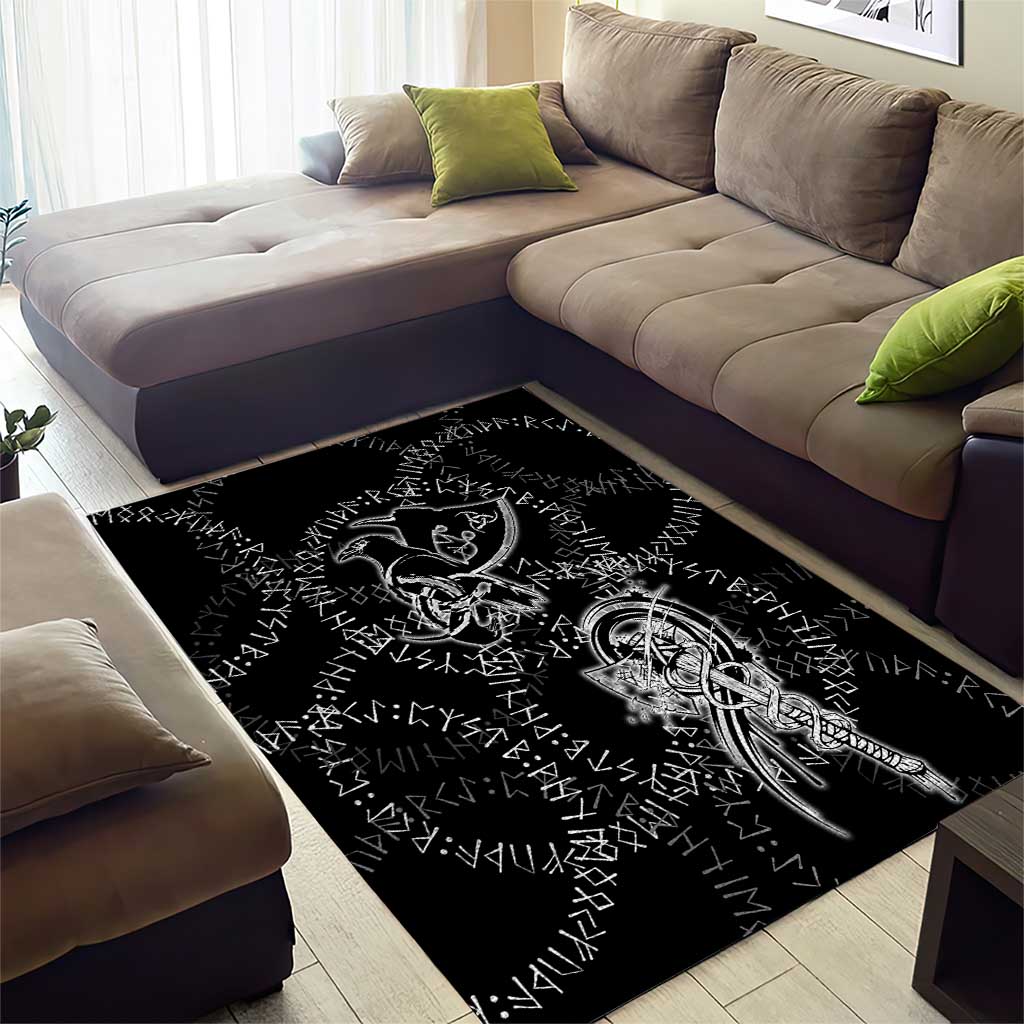 Norse Dragon and Viking Axe Area Rug Monochrome Runic Line Art Illustration