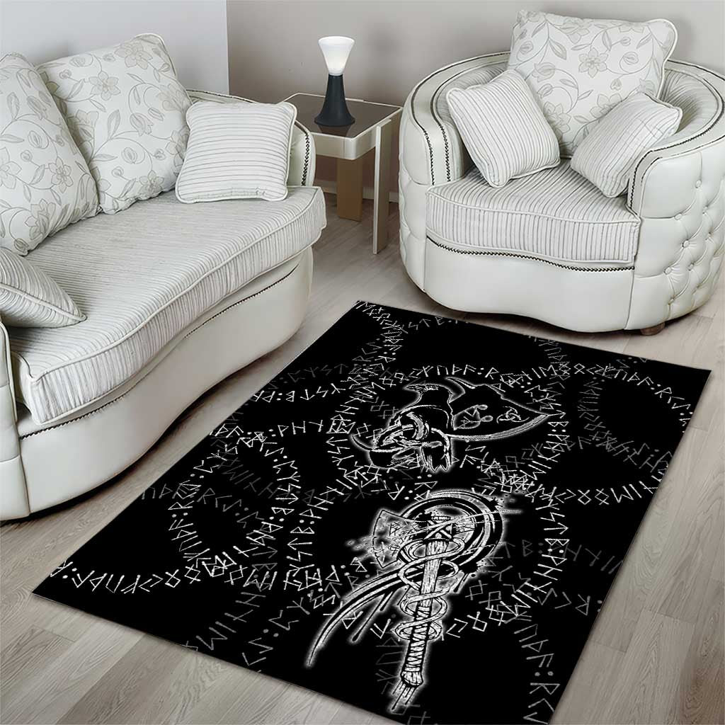 Norse Dragon and Viking Axe Area Rug Monochrome Runic Line Art Illustration