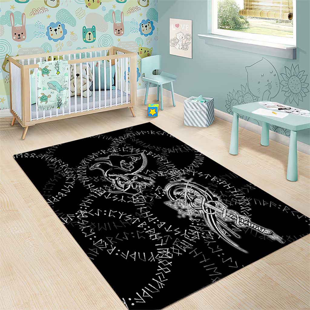 Norse Dragon and Viking Axe Area Rug Monochrome Runic Line Art Illustration