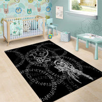 Norse Dragon and Viking Axe Area Rug Monochrome Runic Line Art Illustration