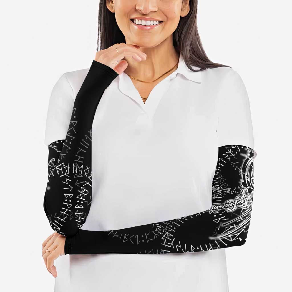 Norse Dragon and Viking Axe Arm Sleeves Monochrome Runic Line Art Illustration