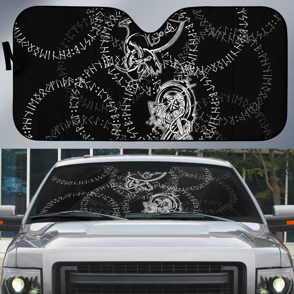 Norse Dragon and Viking Axe Auto Sun Shade Monochrome Runic Line Art Illustration