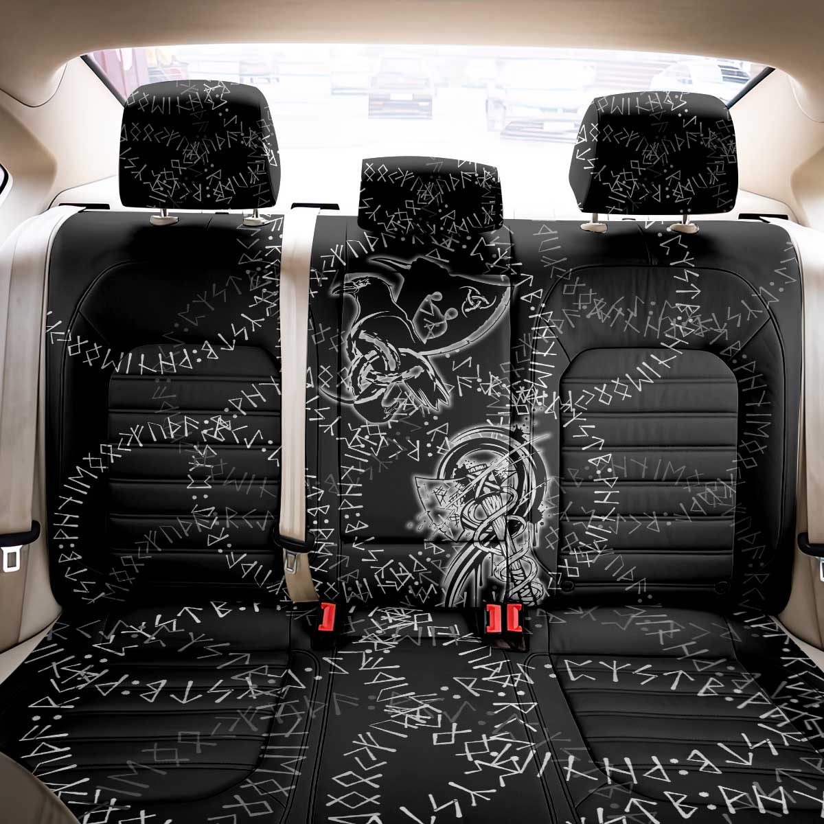 Norse Dragon and Viking Axe Back Car Seat Cover Monochrome Runic Line Art Illustration
