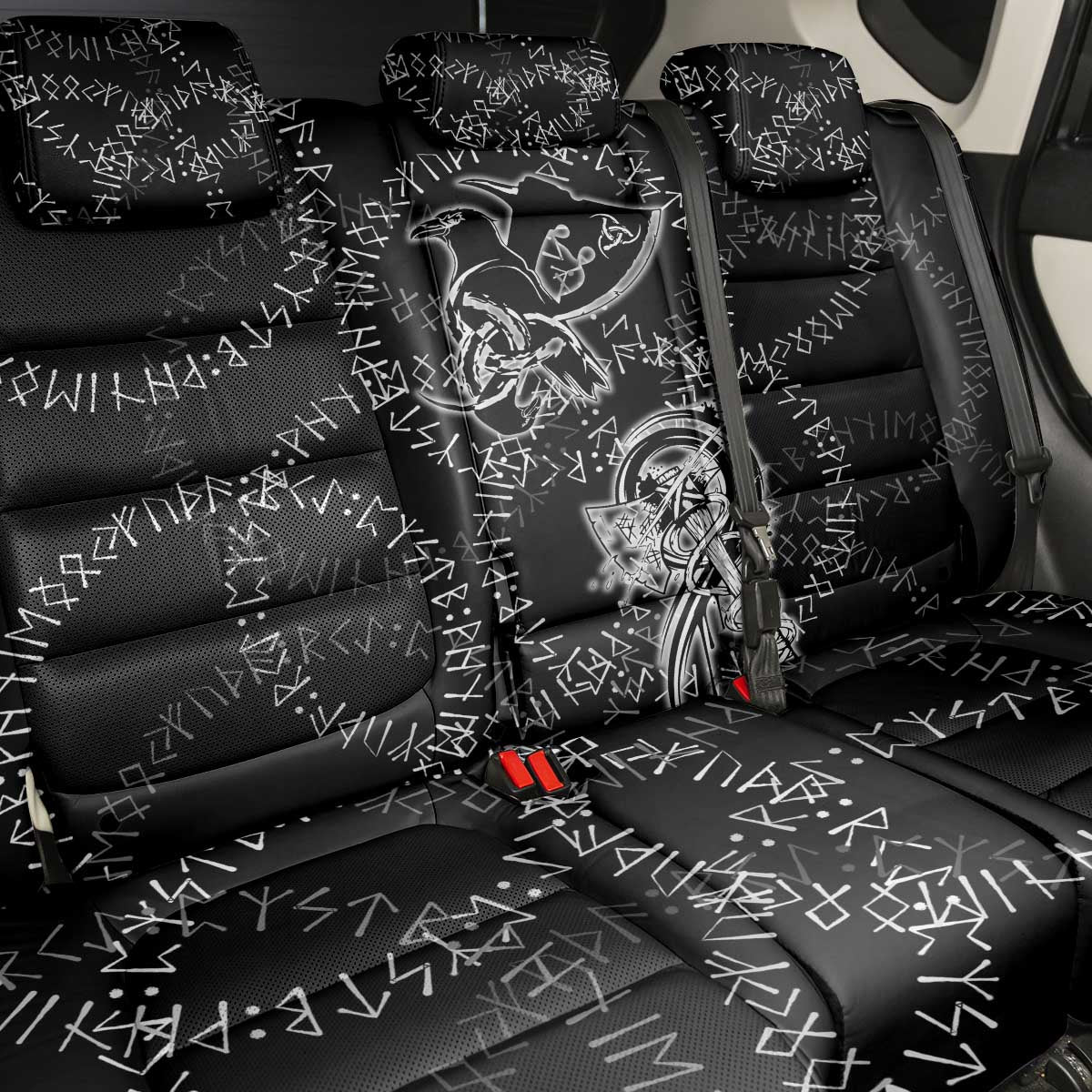 Norse Dragon and Viking Axe Back Car Seat Cover Monochrome Runic Line Art Illustration