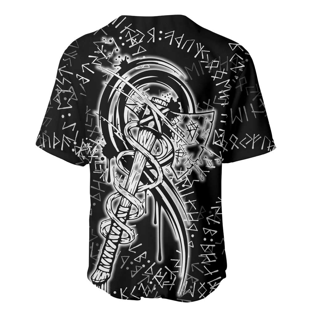 Norse Dragon and Viking Axe Baseball Jersey Monochrome Runic Line Art Illustration