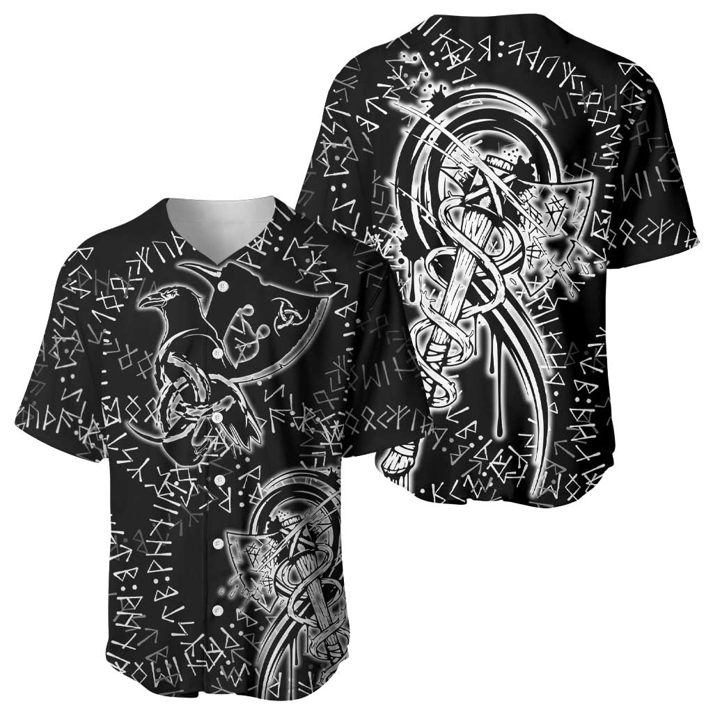 Norse Dragon and Viking Axe Baseball Jersey Monochrome Runic Line Art Illustration